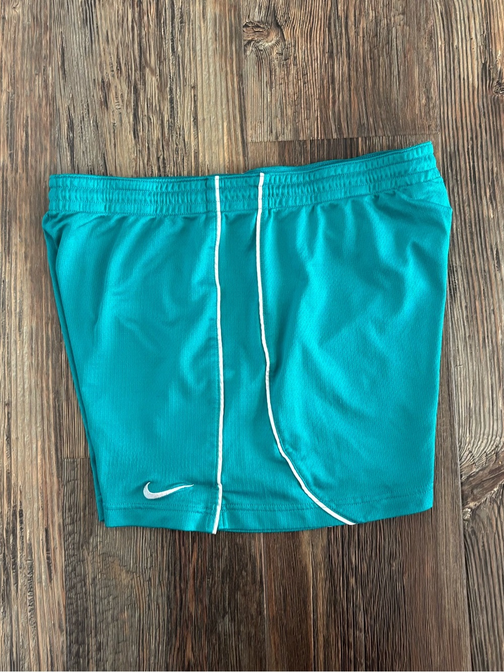 Y2K Nike Dri-Fit Athletic Shorts Womens M Teal White Side Stripes Drawstring Gym